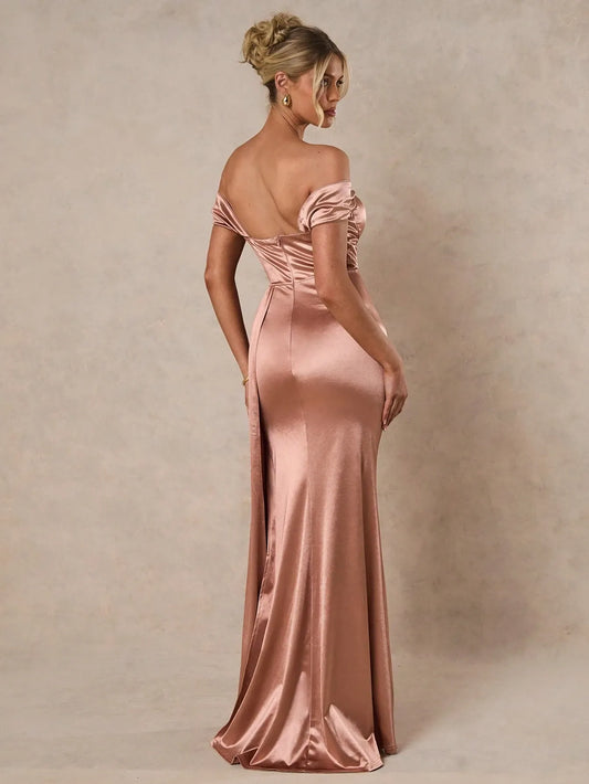 Off Shoulder Slit Thigh Satin Dress