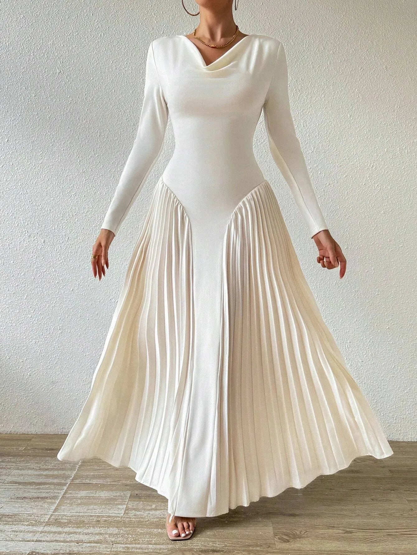 Long Sleeve Pleated Elegant Dress