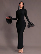 Mock Neck Bodycon Flare Sleeve Dress