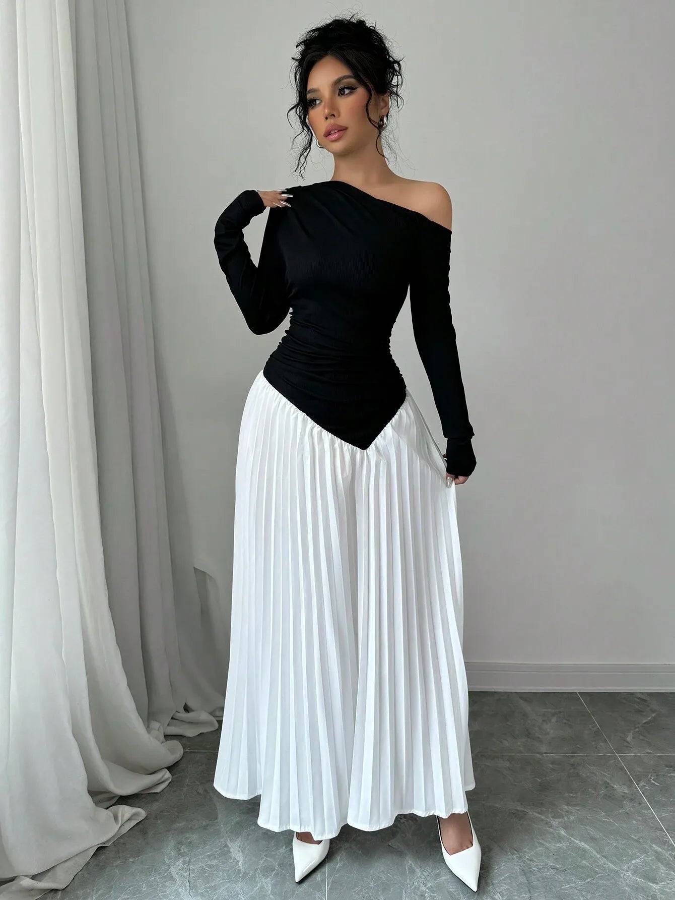 Asymmetrical Neck Ruched Elegant Dress