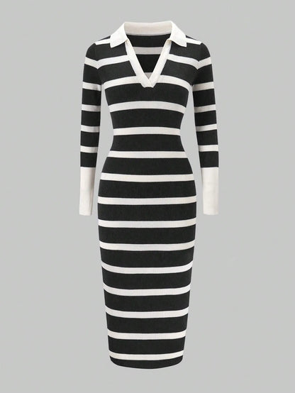 Lapel Collar Striped Slim Fit Dress