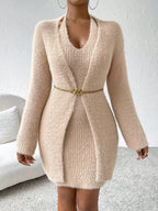 Solid Halter Sweater Dress & Drop Shoulder Cardigan