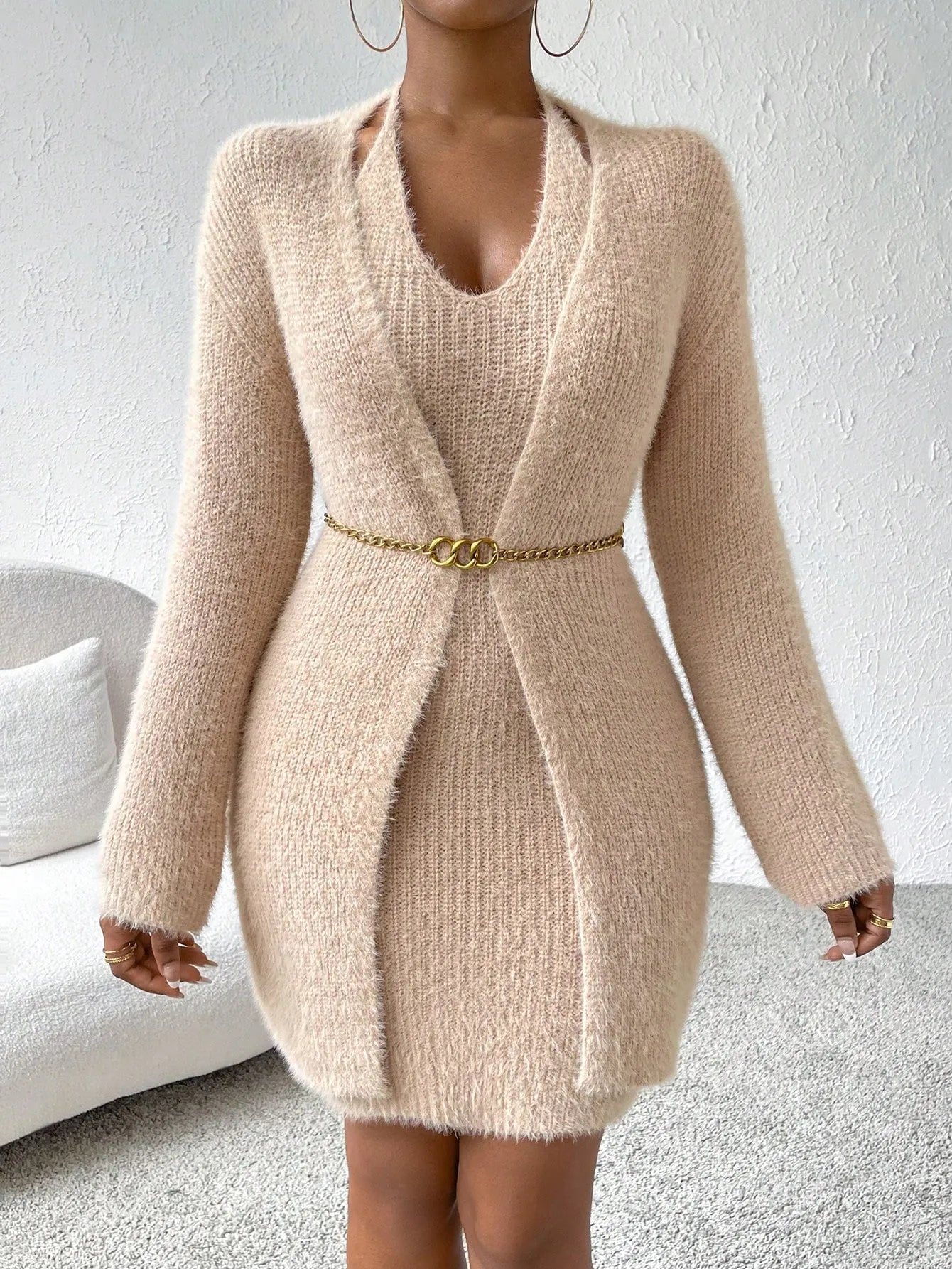 Solid Halter Sweater Dress & Drop Shoulder Cardigan