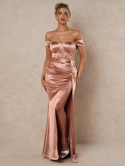 Off Shoulder Slit Thigh Satin Dress