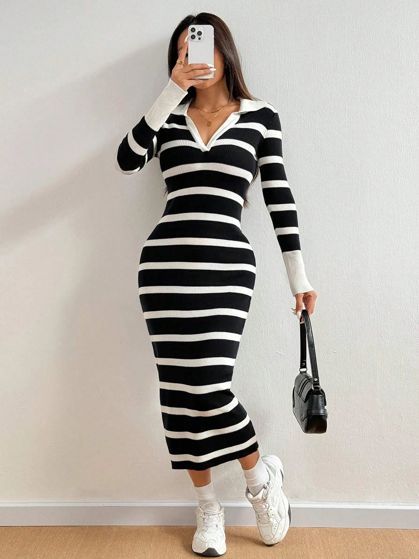 Lapel Collar Striped Slim Fit Dress