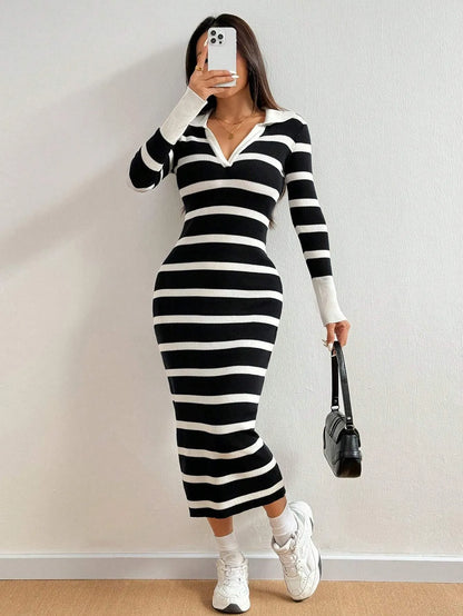 Lapel Collar Striped Slim Fit Dress