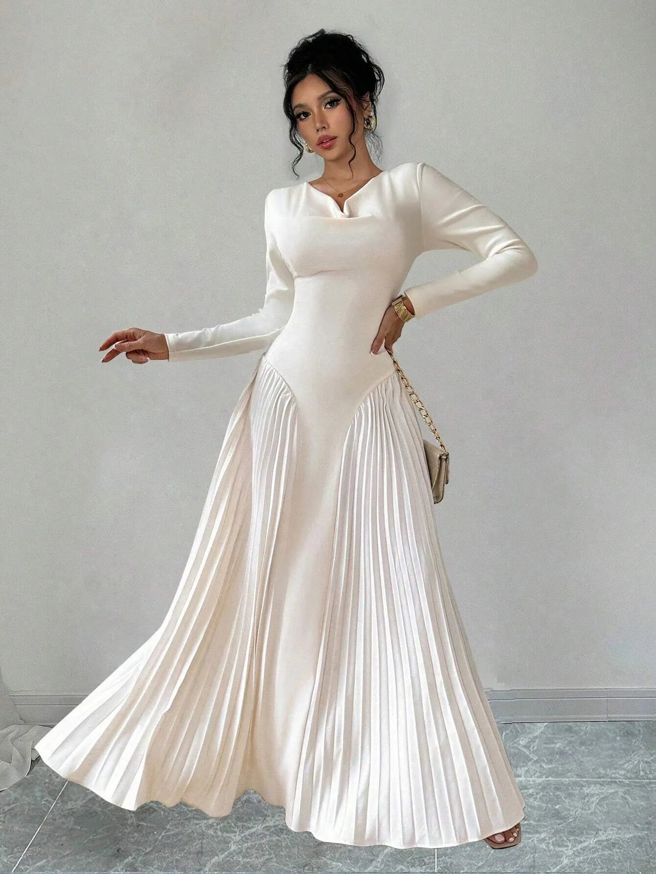 Long Sleeve Pleated Elegant Dress