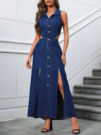 Hollow Out Waist Single Breasted Denim Dress