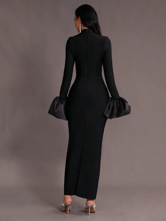 Mock Neck Bodycon Flare Sleeve Dress