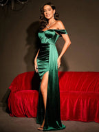 Off Shoulder Slit Thigh Satin Dress