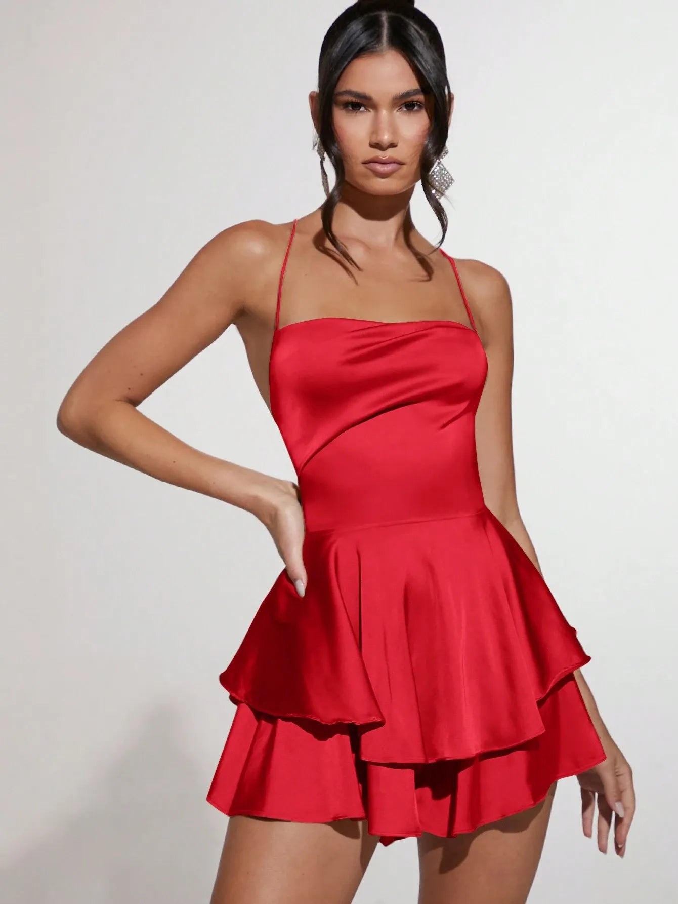 Lace Up Backless Two Layer Hem Satin Dress