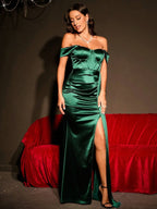 Off Shoulder Slit Thigh Satin Dress