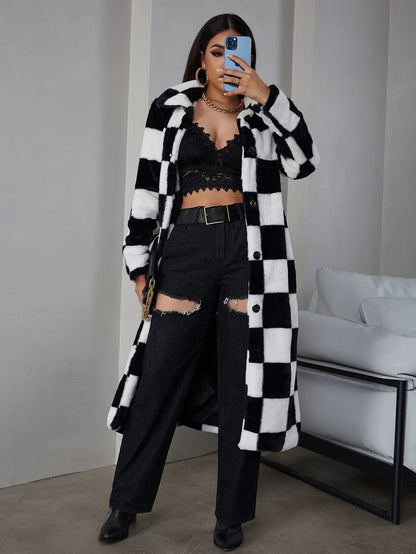 Button Front Checked Fuzzy Coat