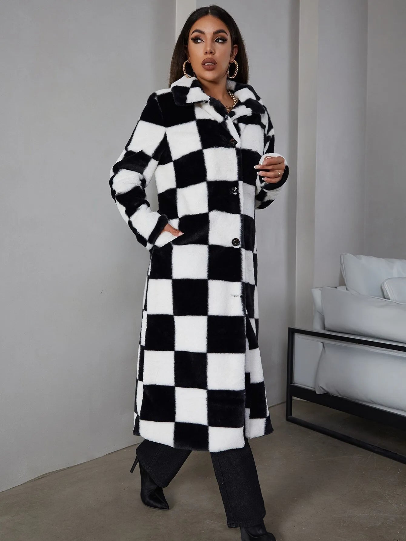 Button Front Checked Fuzzy Coat