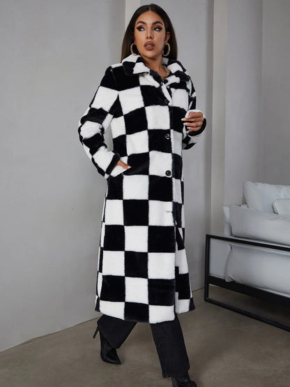 Button Front Checked Fuzzy Coat