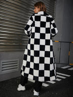 Button Front Checked Fuzzy Coat