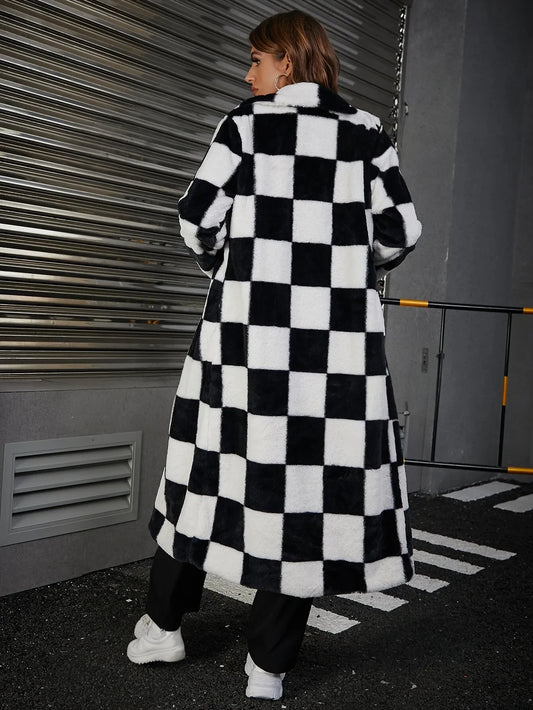 Button Front Checked Fuzzy Coat