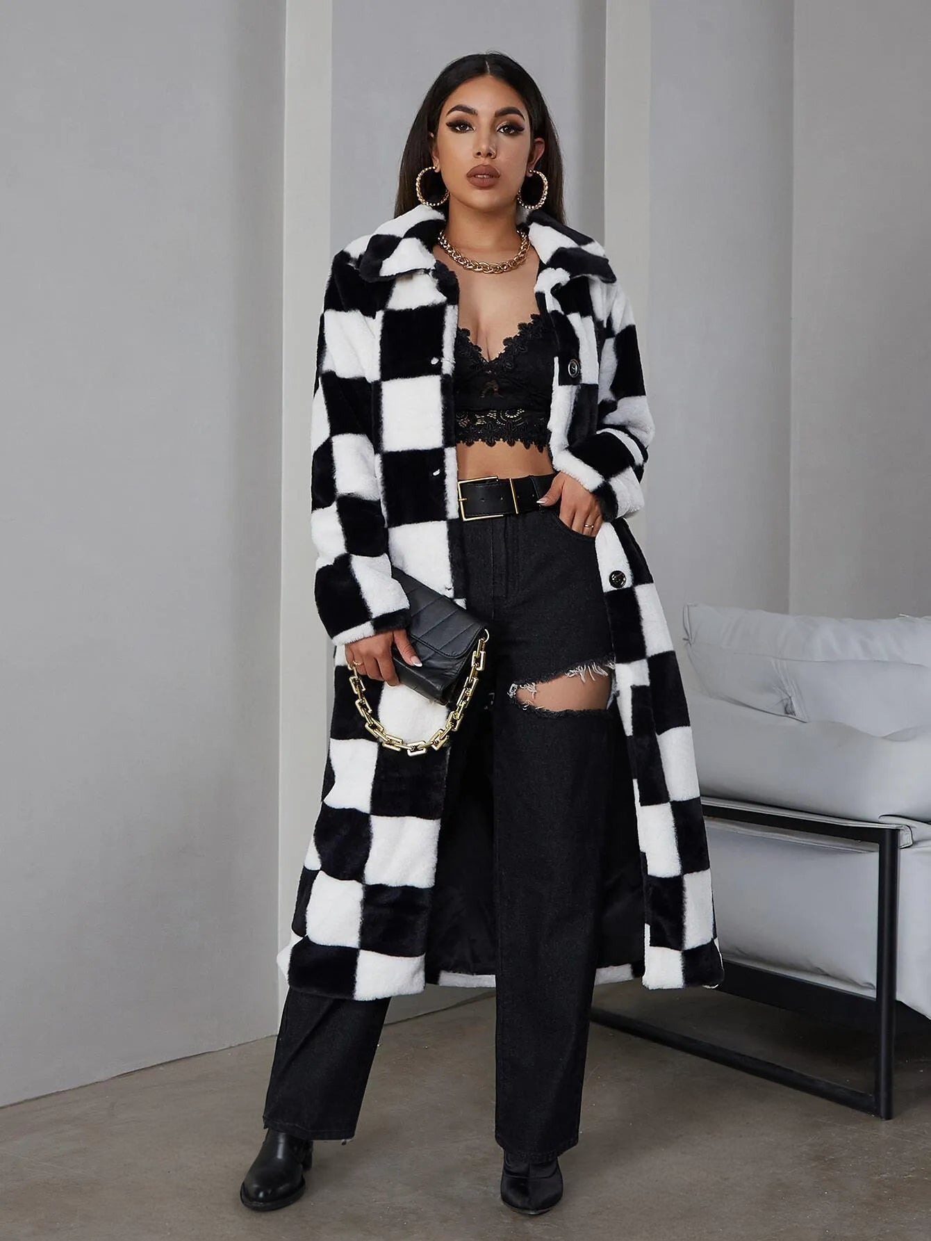 Button Front Checked Fuzzy Coat