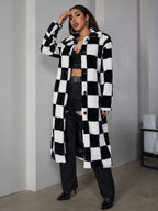 Button Front Checked Fuzzy Coat