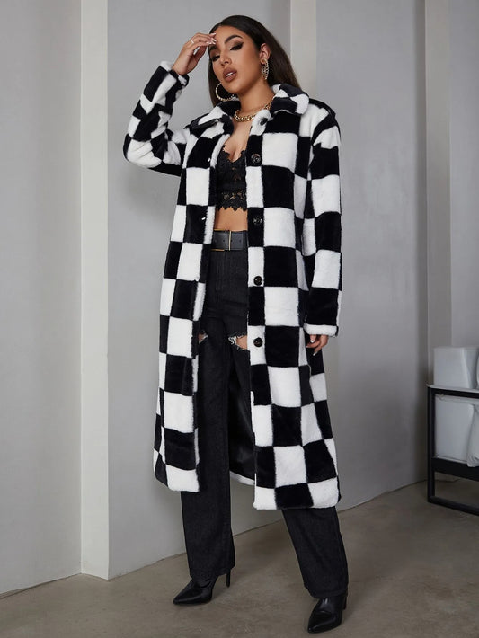 Button Front Checked Fuzzy Coat