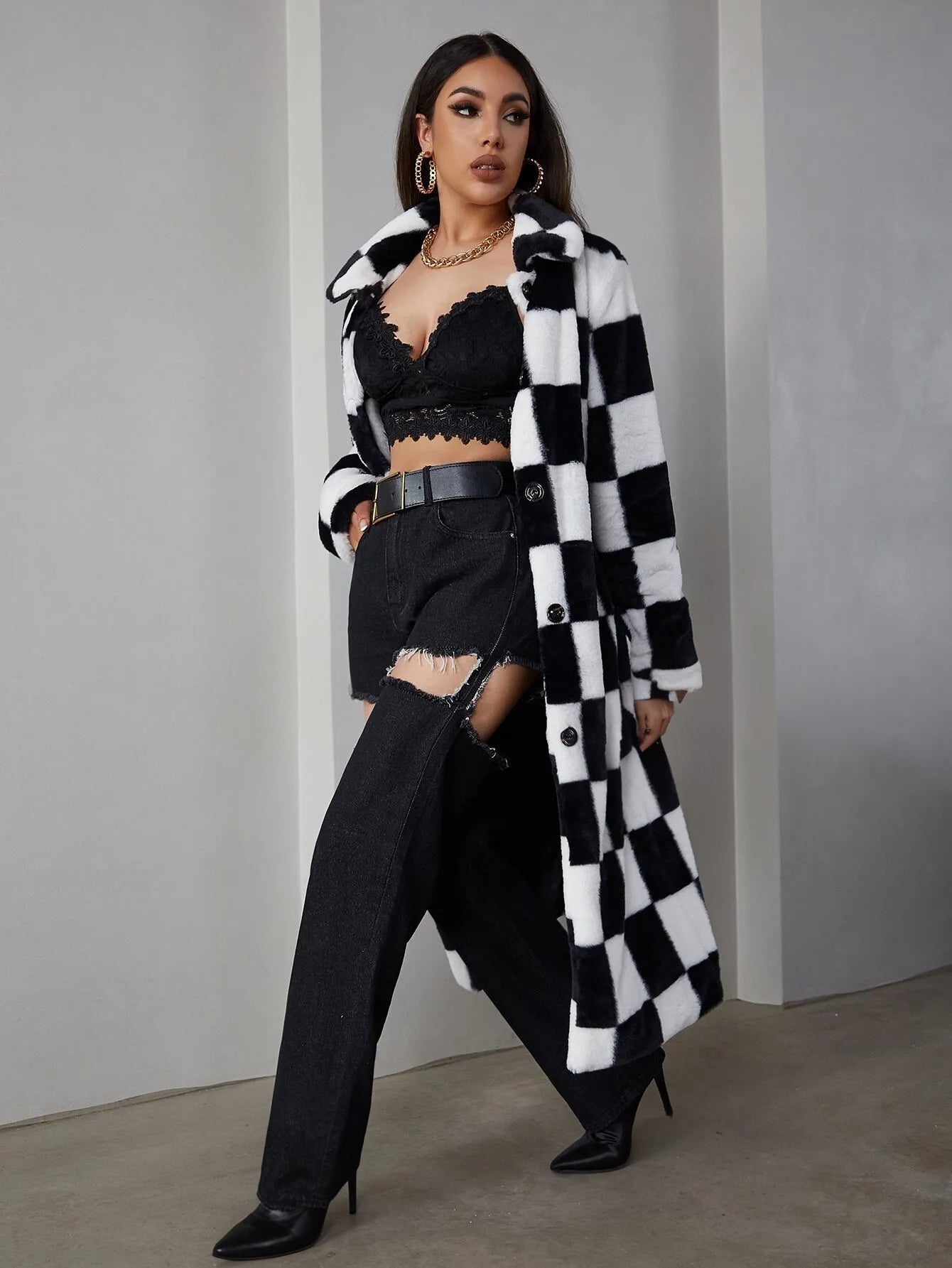Button Front Checked Fuzzy Coat