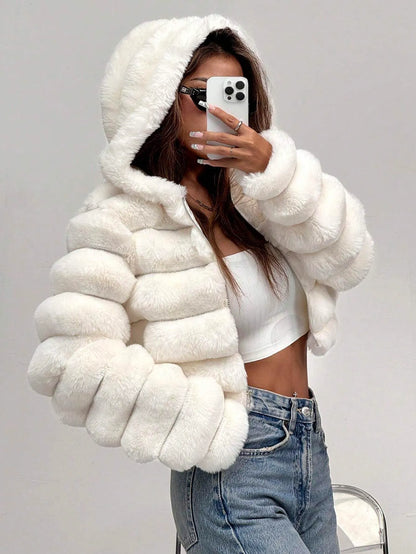 Zip Up Hooded Short Fluffy Jacket