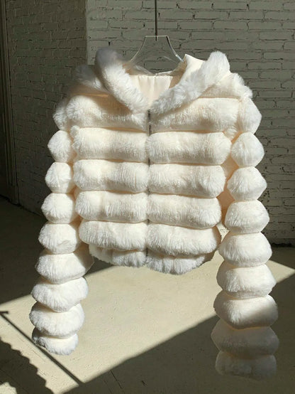 Zip Up Hooded Short Fluffy Jacket
