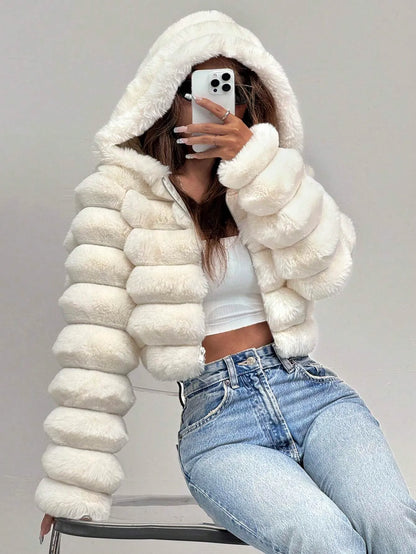 Zip Up Hooded Short Fluffy Jacket