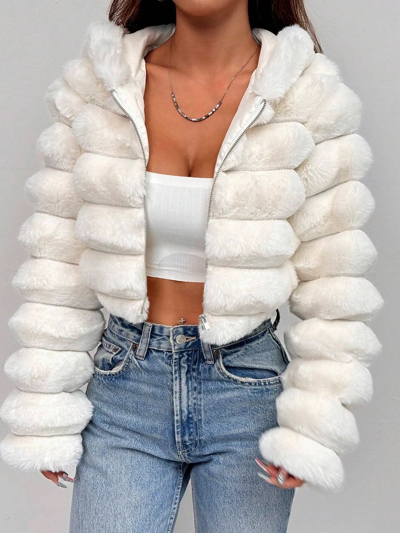 Zip Up Hooded Short Fluffy Jacket