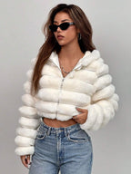 Zip Up Hooded Short Fluffy Jacket