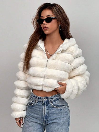 Zip Up Hooded Short Fluffy Jacket