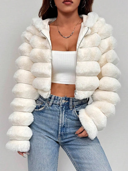 Zip Up Hooded Short Fluffy Jacket