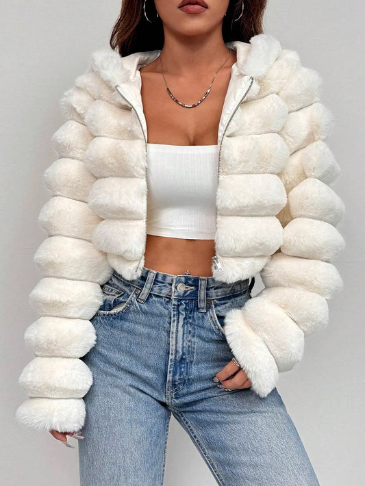 Zip Up Hooded Short Fluffy Jacket