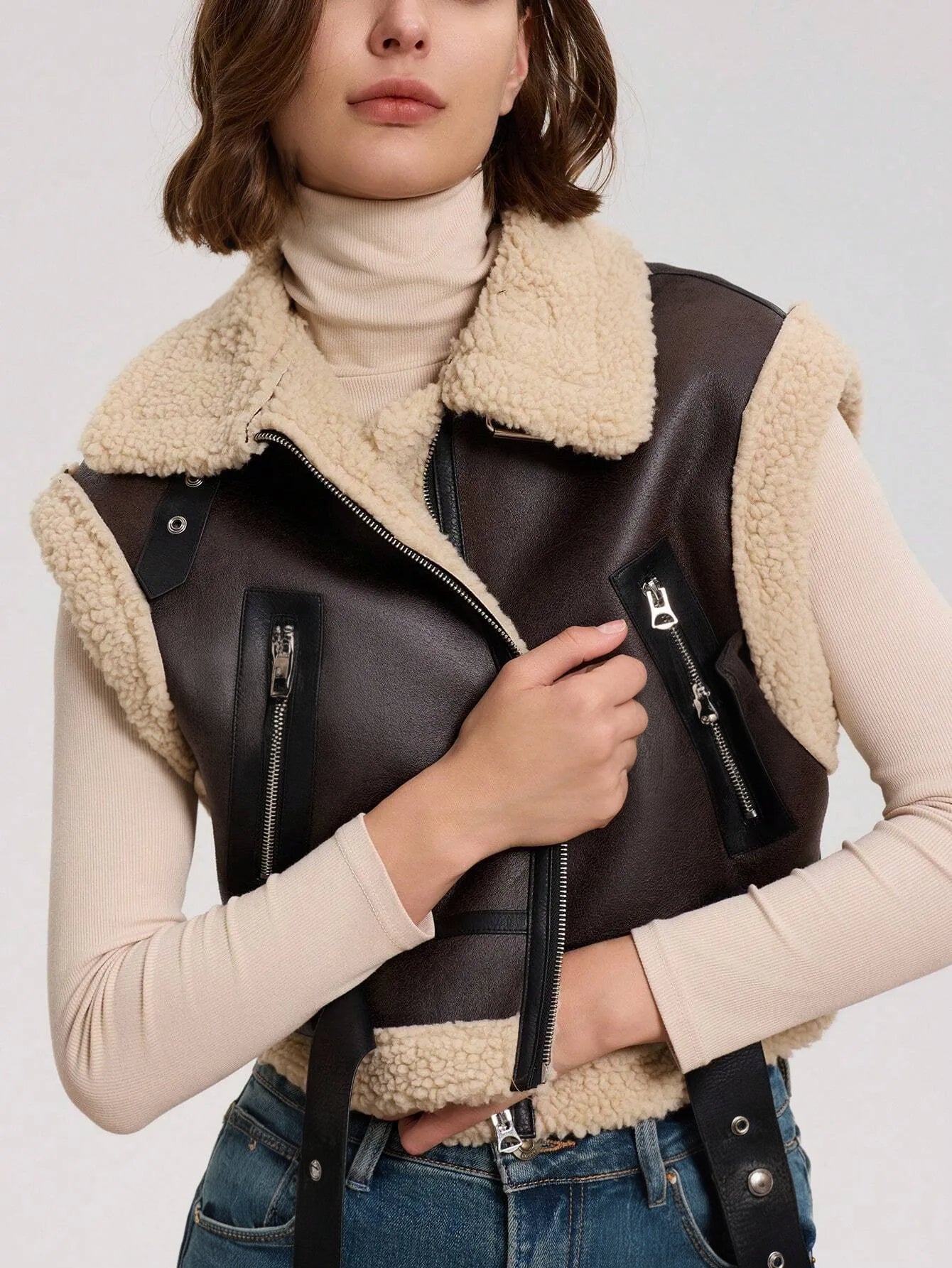 Suede Fleece Zip-Up Vest Jacket