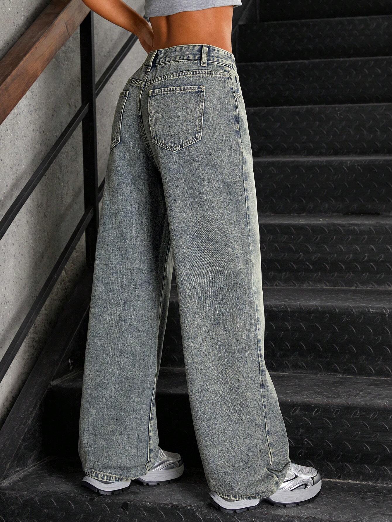 Washed Cotton Vintage Straight Leg Low Waist Jeans