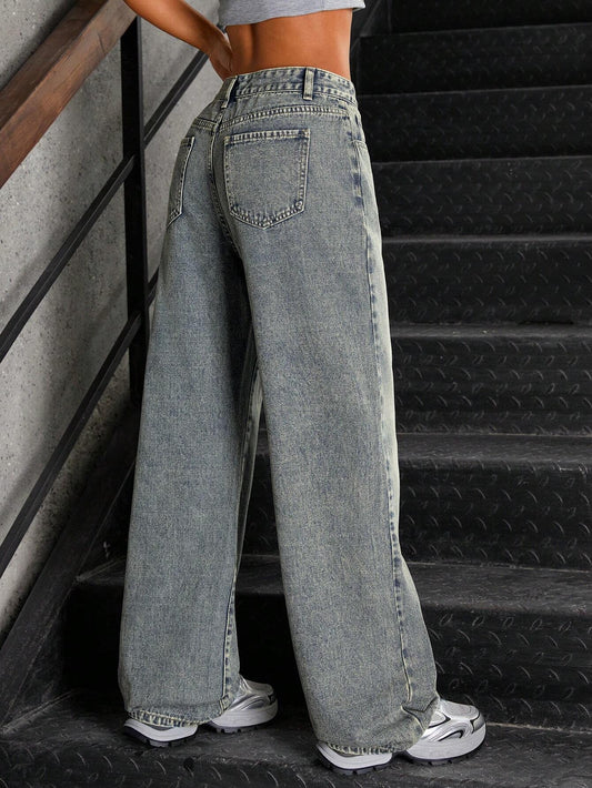Washed Cotton Vintage Straight Leg Low Waist Jeans