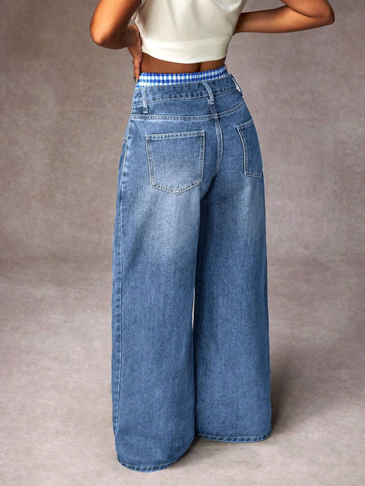 Distressed Plaid Patchwork Wide Leg Denim Jeans