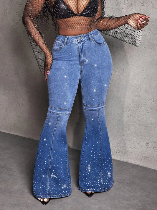 Rhinestones Flared Versatile Jeans