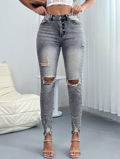 High Waist Ripped Skinny Stretch Denim Jeans