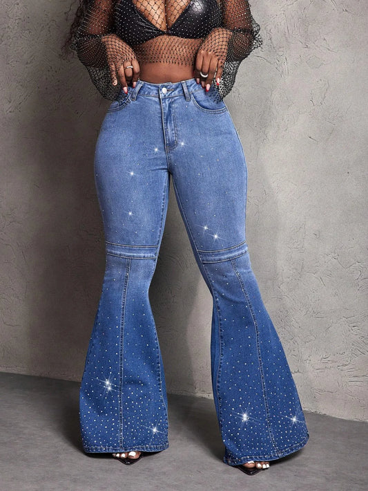 Rhinestones Flared Versatile Jeans