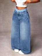Distressed Plaid Patchwork Wide Leg Denim Jeans