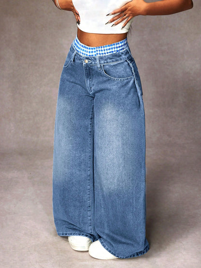 Distressed Plaid Patchwork Wide Leg Denim Jeans