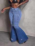 Rhinestones Flared Versatile Jeans