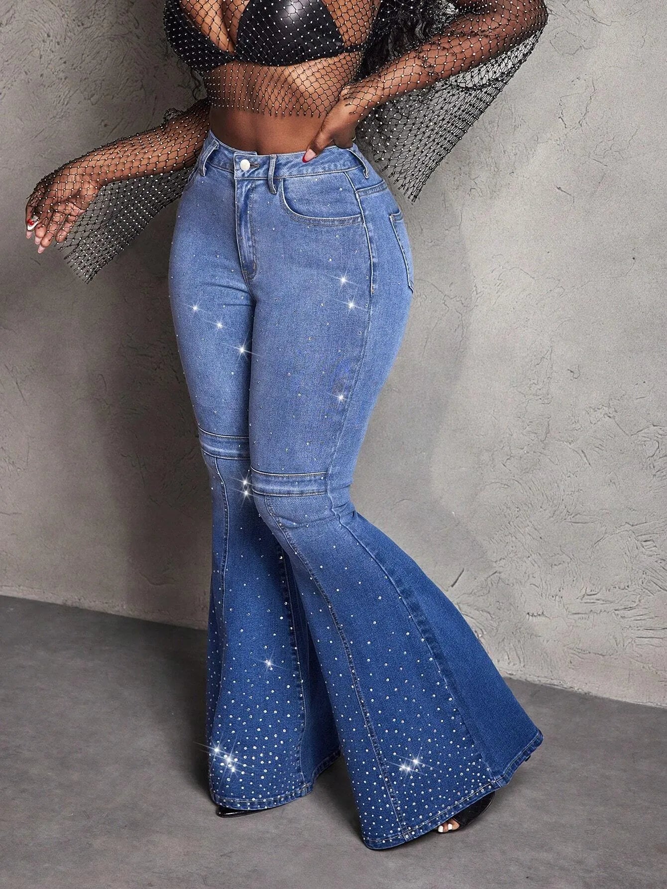 Rhinestones Flared Versatile Jeans