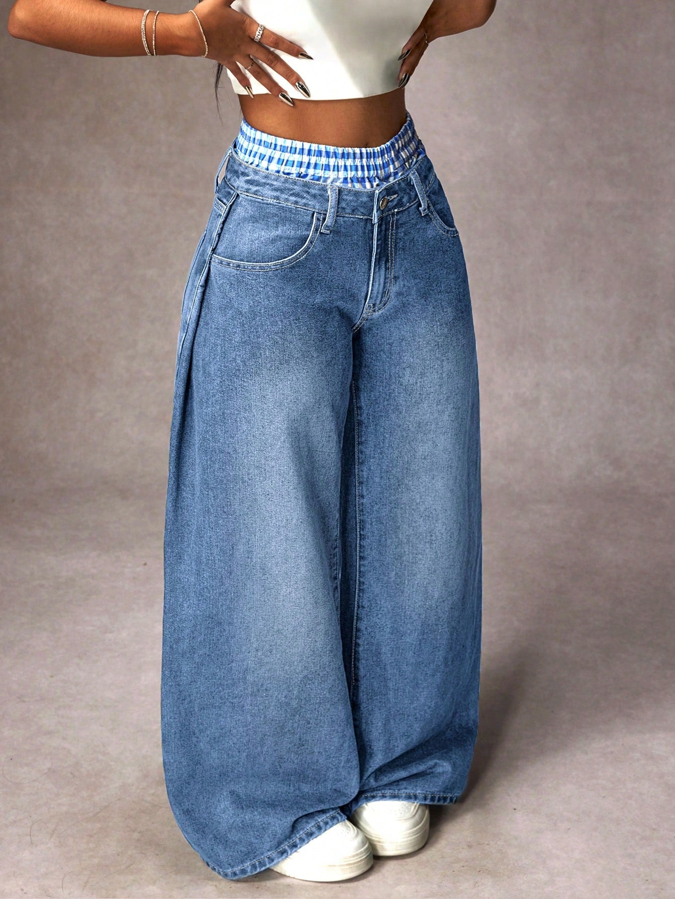 Distressed Plaid Patchwork Wide Leg Denim Jeans