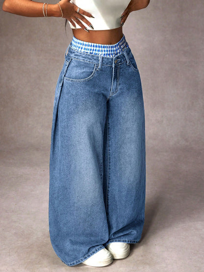 Distressed Plaid Patchwork Wide Leg Denim Jeans
