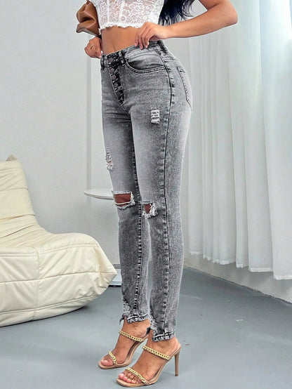 High Waist Ripped Skinny Stretch Denim Jeans