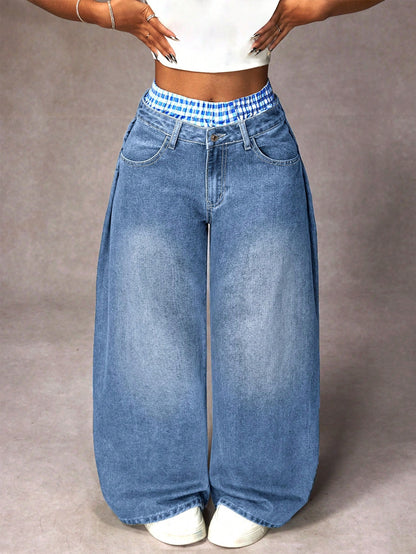 Distressed Plaid Patchwork Wide Leg Denim Jeans