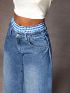 Distressed Plaid Patchwork Wide Leg Denim Jeans