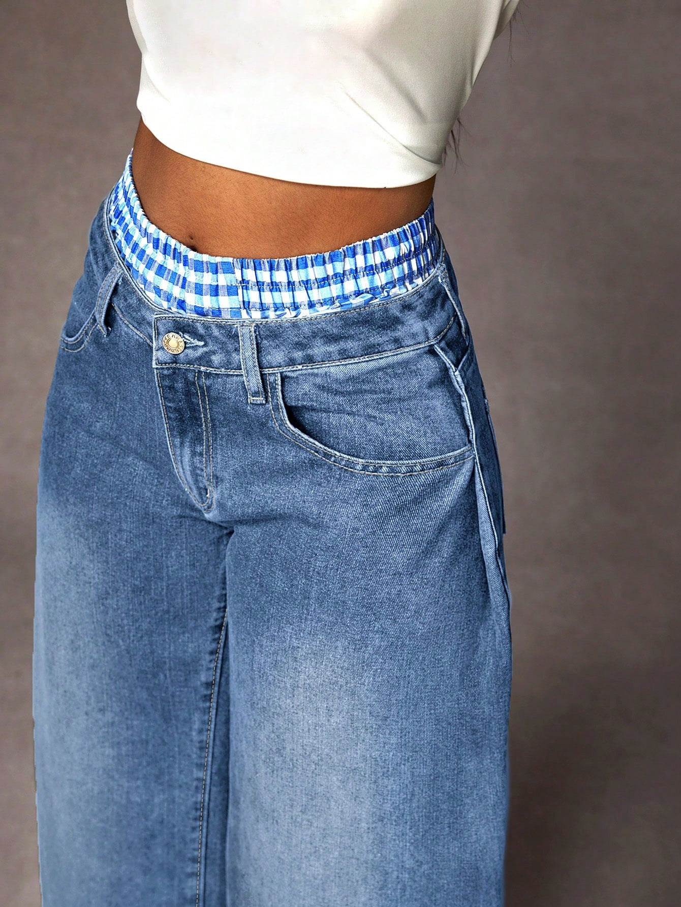 Distressed Plaid Patchwork Wide Leg Denim Jeans